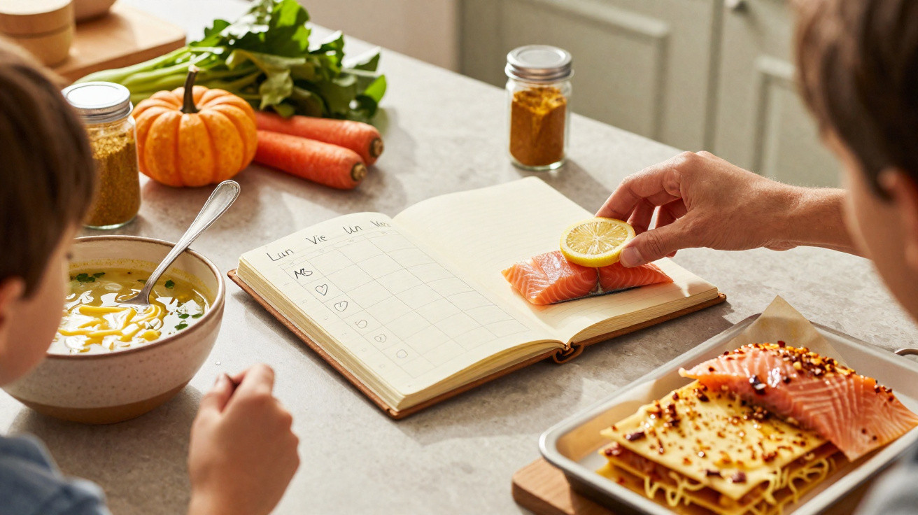 Mão a colocar fatia de limão em salmão sobre caderno, criança a comer sopa, legumes e especiarias na mesa.