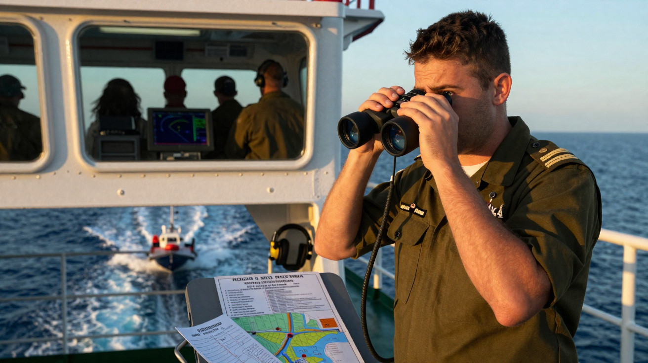 Militar em uniforme observa o mar com binóculos no convés de um barco, com mapa e tripulantes ao fundo.
