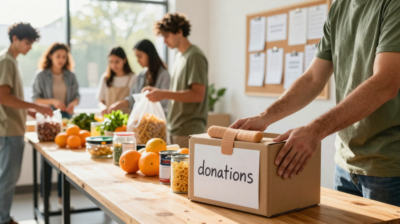 Voluntários organizam alimentos numa mesa, com caixa rotulada "donations" em destaque.