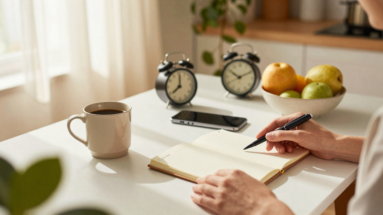Pessoa a escrever num caderno numa mesa com chávena de café, telemóvel, dois relógios despertadores e tigela de frutas.