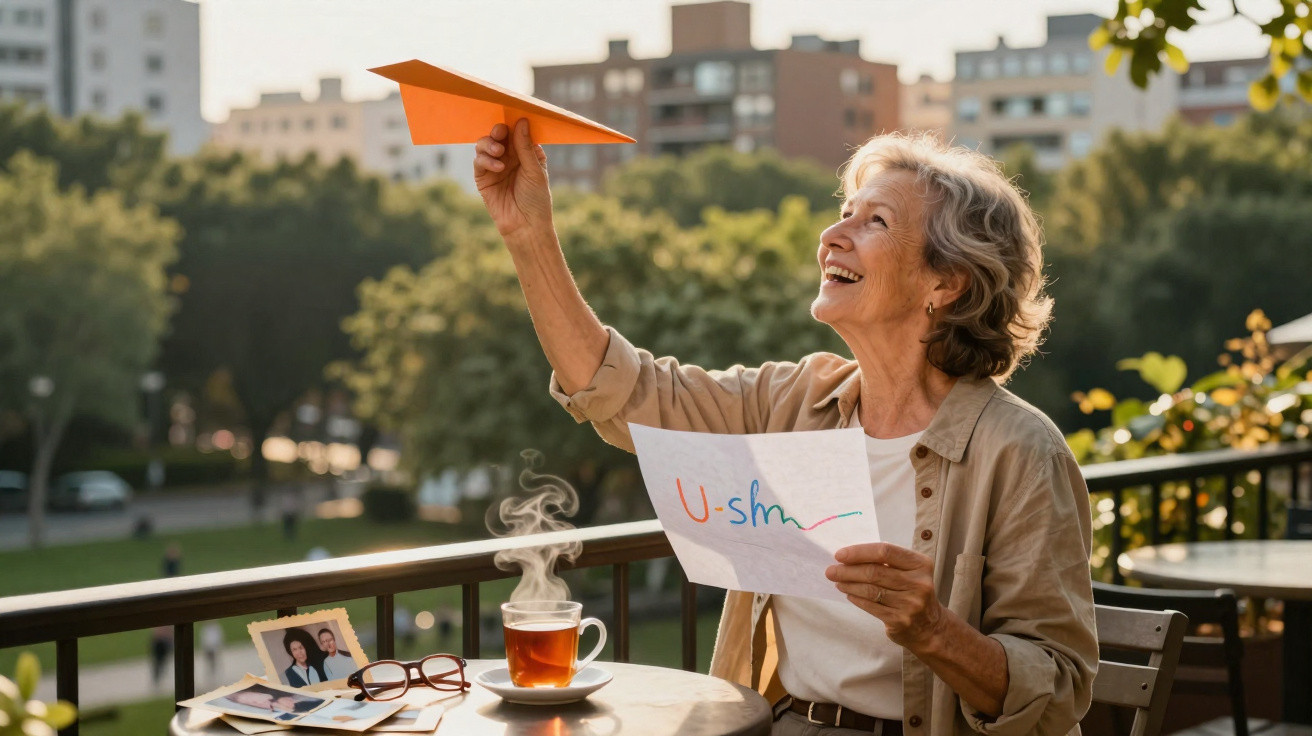 Mulher idosa sorridente segura avião de papel laranja e folha com desenho, sentada numa esplanada urbana ao fim da tarde.