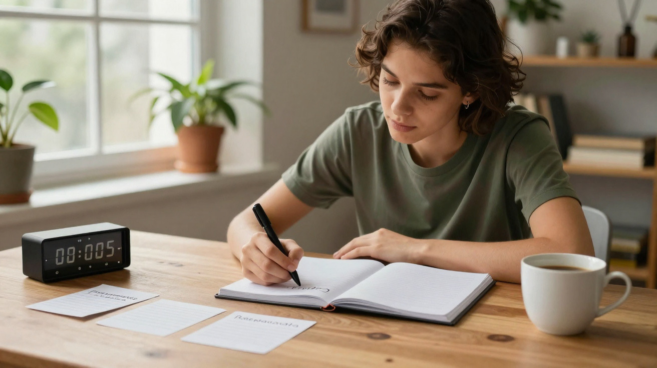 Pessoa jovem a escrever num caderno, com caneca de café e relógio digital a marcar 08:00 numa secretária.