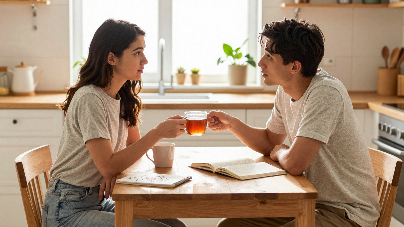 Casal sentado à mesa da cozinha a compartilhar chá e conversar com atenção.