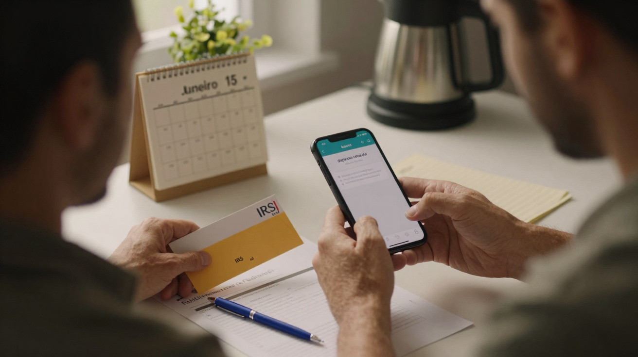 Duas pessoas a analisar documentos e smartphone, com calendário de junho e cafeteira ao fundo.