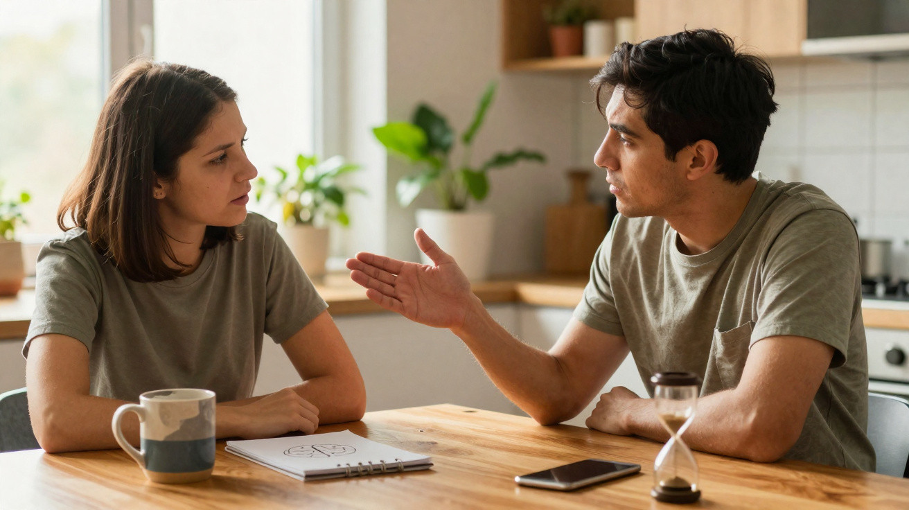 Casal sentado à mesa da cozinha a discutir, com bloco de notas, telemóvel e ampulheta à frente.