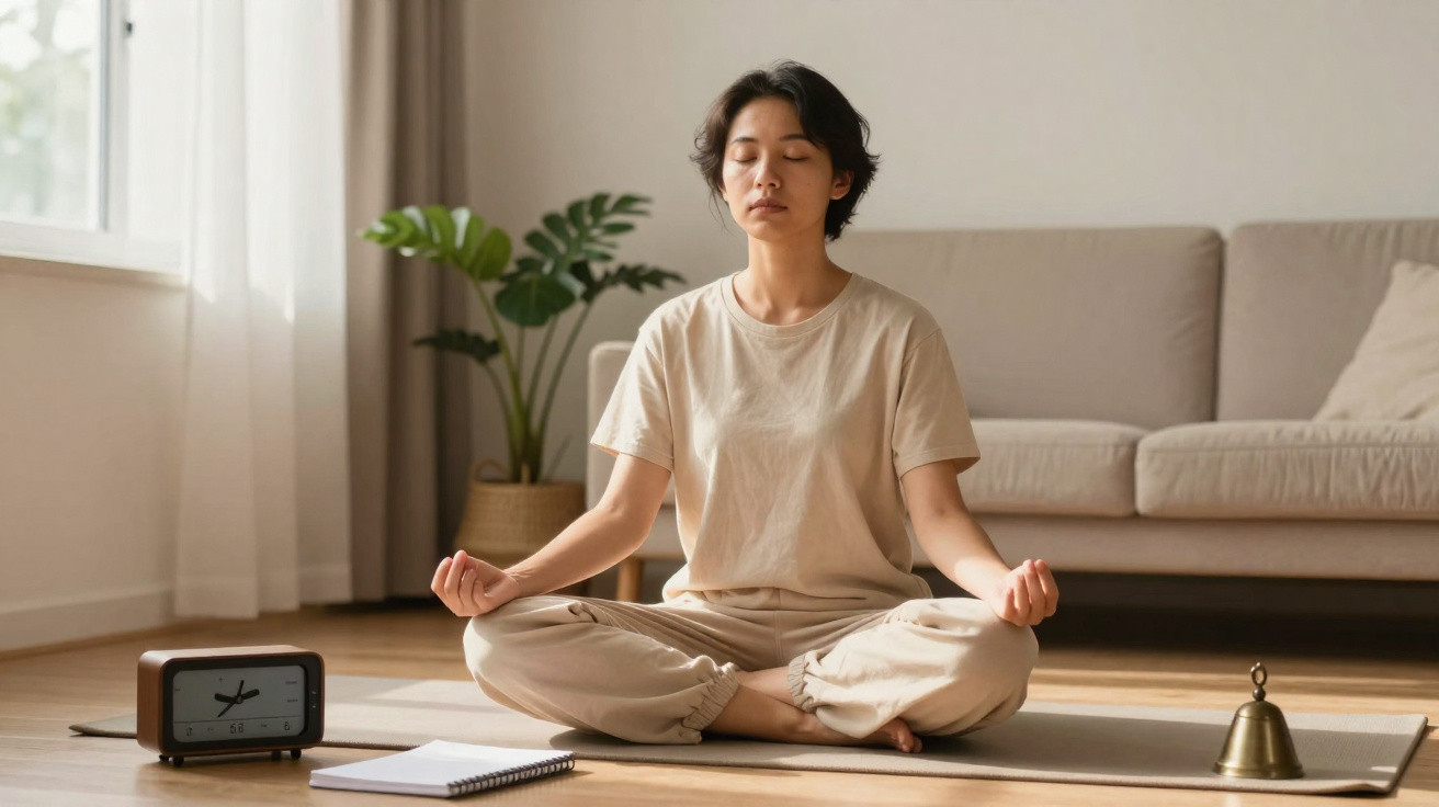 Pessoa a meditar sentada em posição de lótus numa sala com luz natural suave e decoração minimalista.