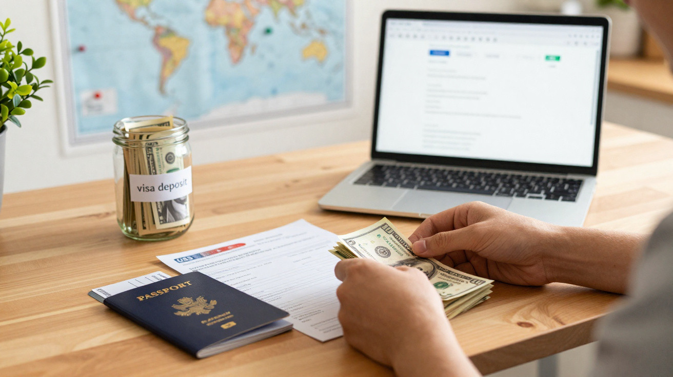 Pessoa a contar notas em dólares numa mesa com passaporte, formulário, jarro com dinheiro e computador portátil.