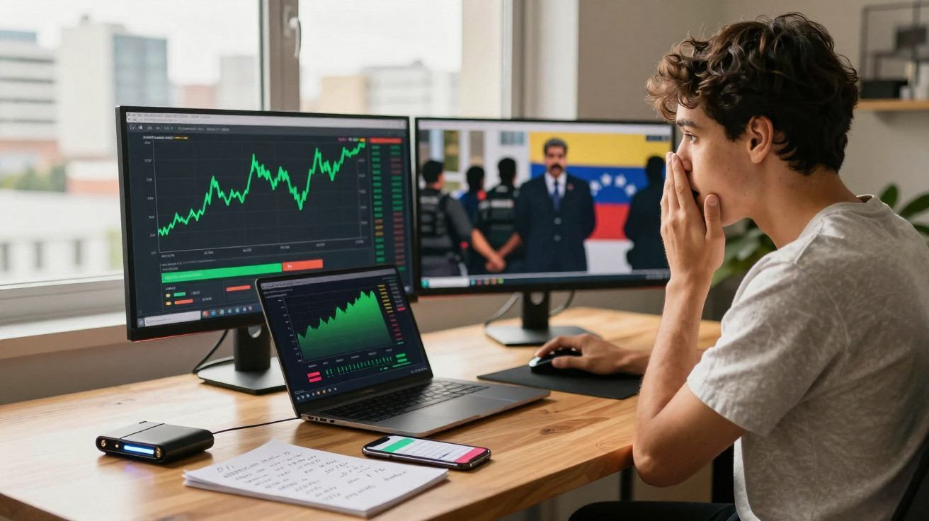 Jovem sentado a observar gráficos financeiros em dois monitores e num portátil numa secretária com smartphone e notas.