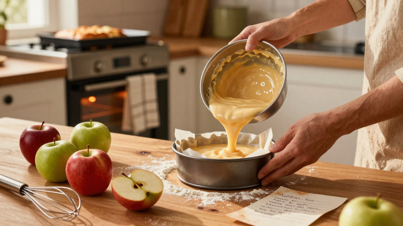 Mãos a verter massa de bolo para forma, maçãs e receita sobre mesa de cozinha em ambiente acolhedor.