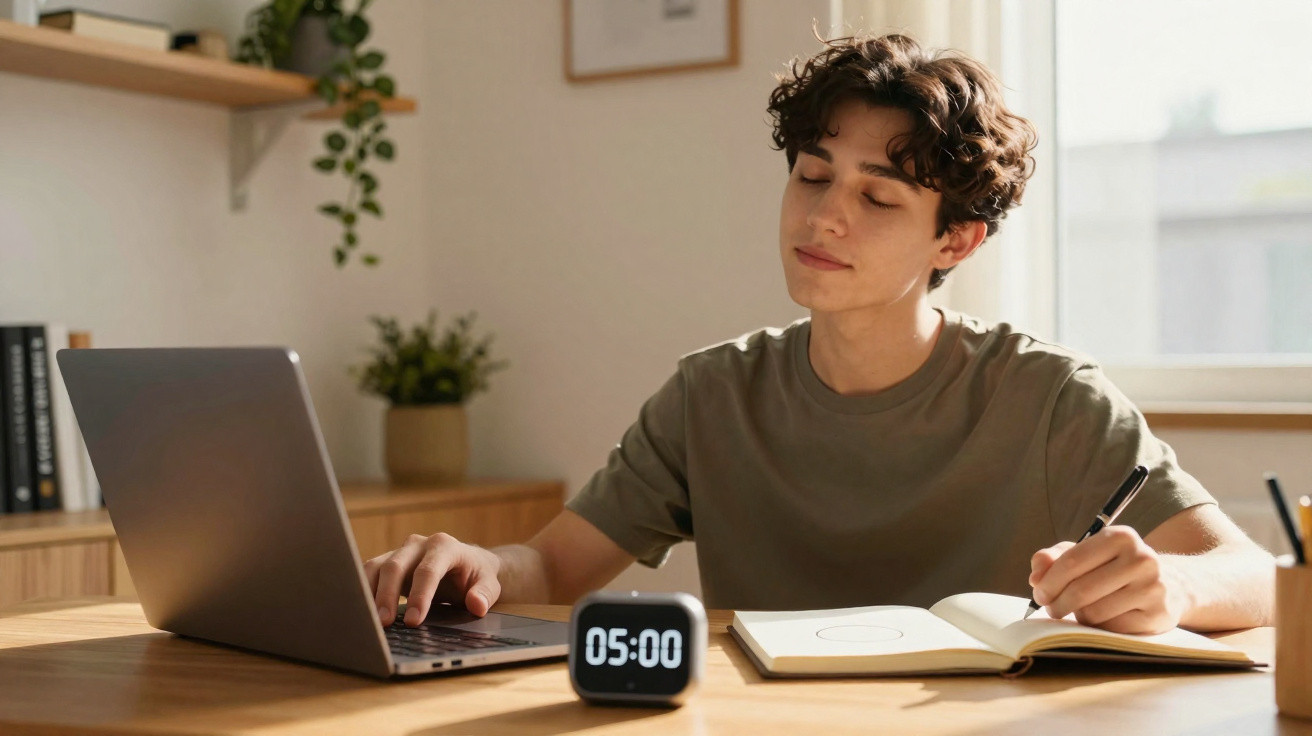 Jovem sentado a estudar com caderno, laptop e relógio digital a mostrar 05:00 numa mesa iluminada.