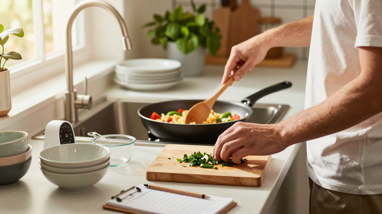 Pessoa a cozinhar legumes numa cozinha moderna, picando ervas frescas numa tábua de madeira.