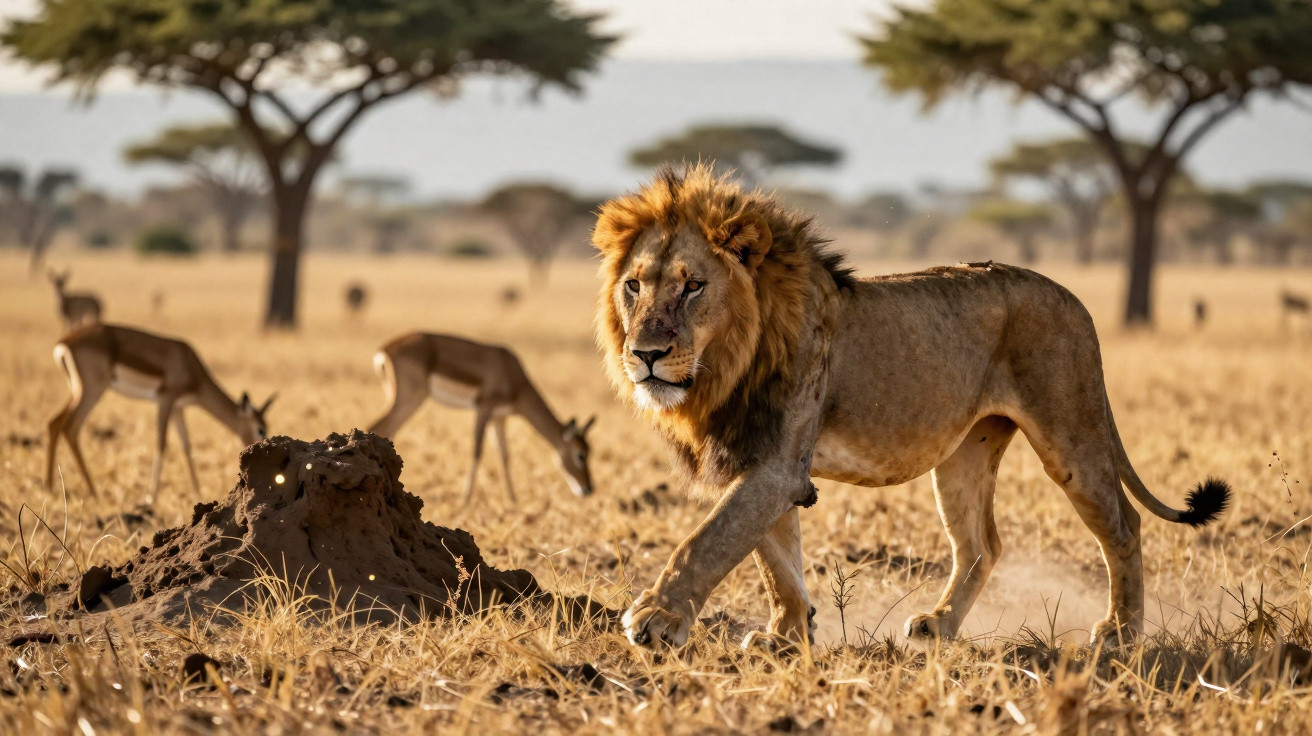 Leão macho a andar numa savana seca com várias gazelas ao fundo e árvores dispersas.