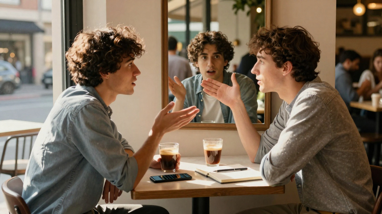 Homem com cabelo encaracolado discute consigo mesmo refletido no espelho de café com bebida e caderno na mesa.