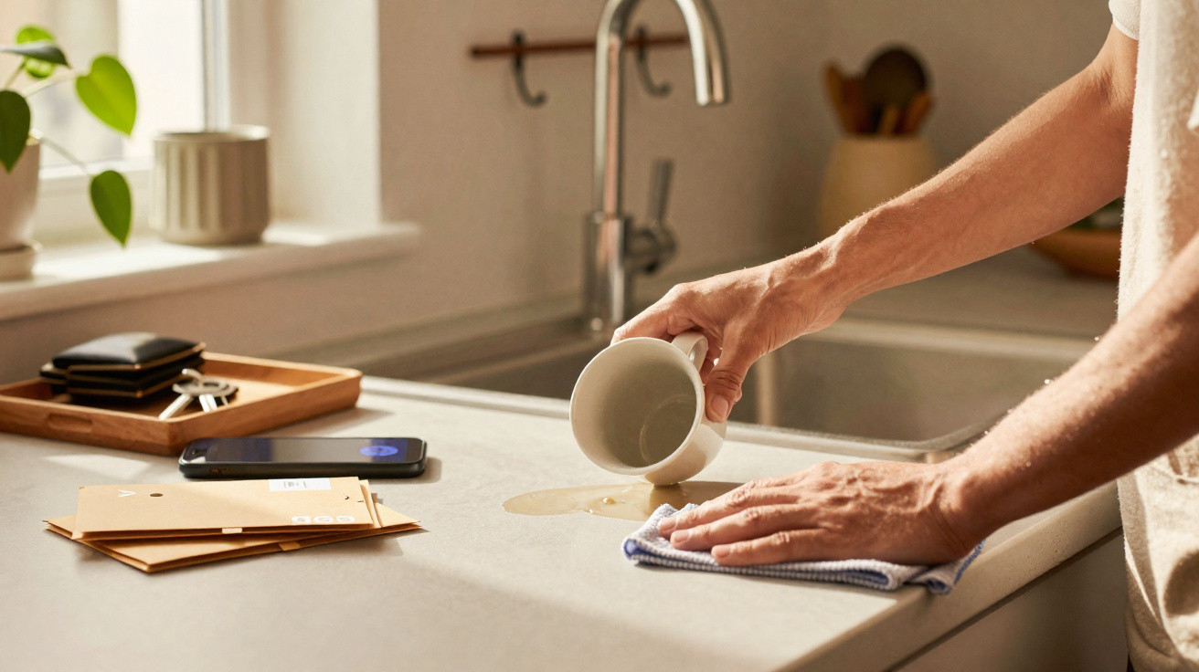 Mãos a limpar um líquido derramado no balcão da cozinha junto a uma caneca de cerâmica branca.