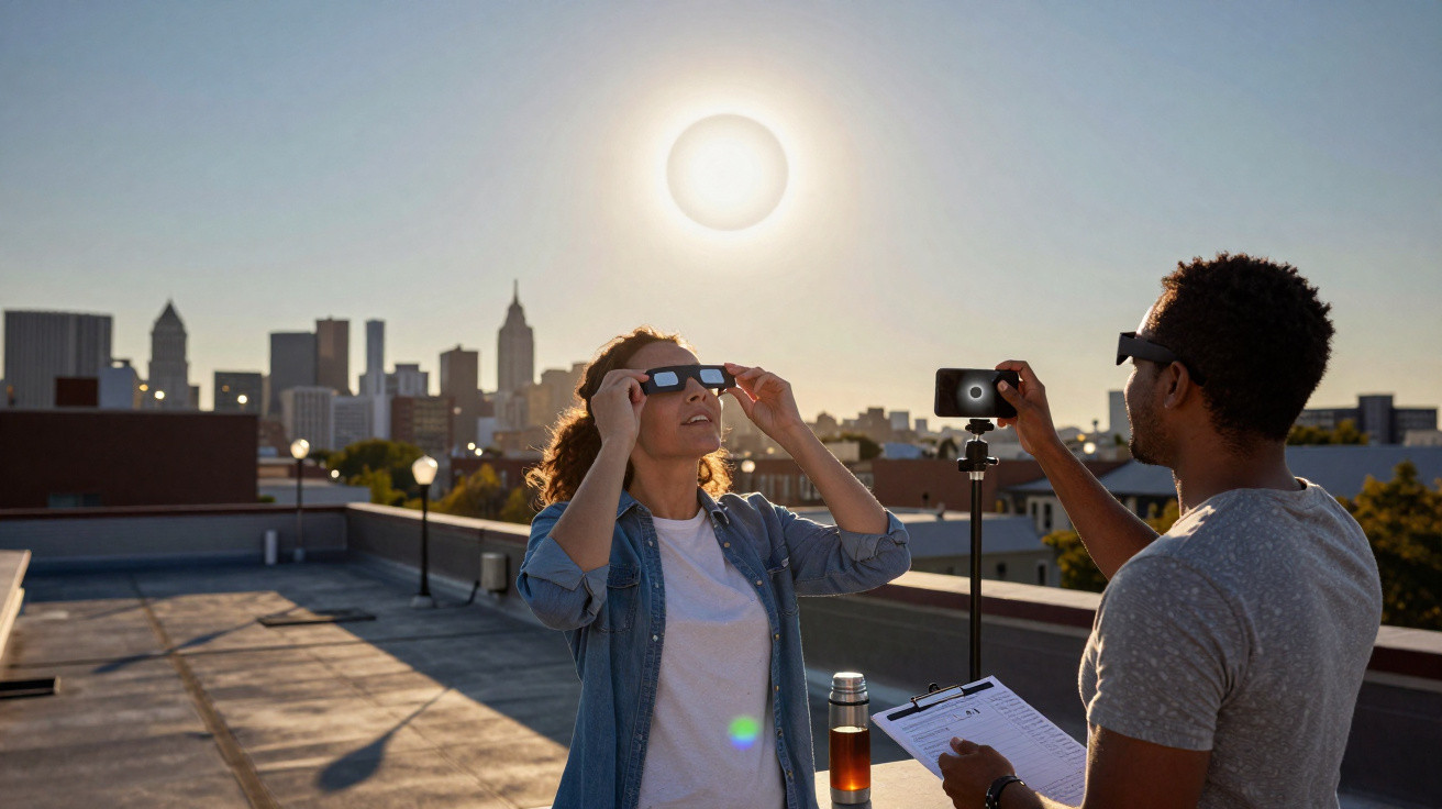 Duas pessoas usam óculos de proteção solar para observar o eclipse solar numa cobertura urbana ao entardecer.