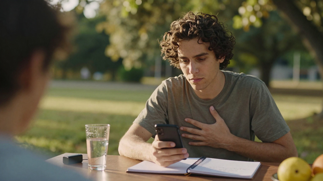 Jovem sentado ao ar livre com um caderno aberto, a olhar para o telemóvel e com a mão no peito.