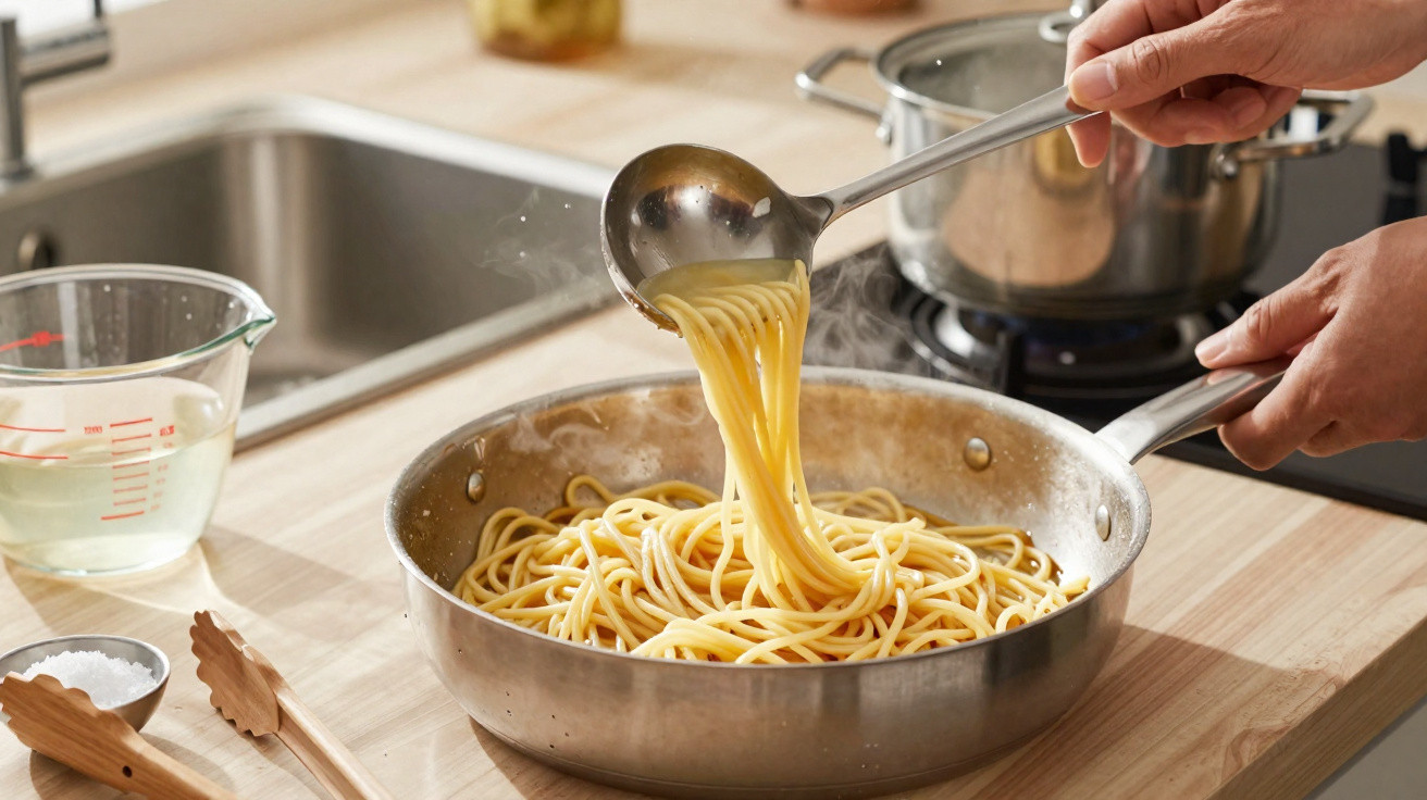 Mãos a cozinhar esparguete numa frigideira, com utensílios de cozinha numa bancada de madeira.