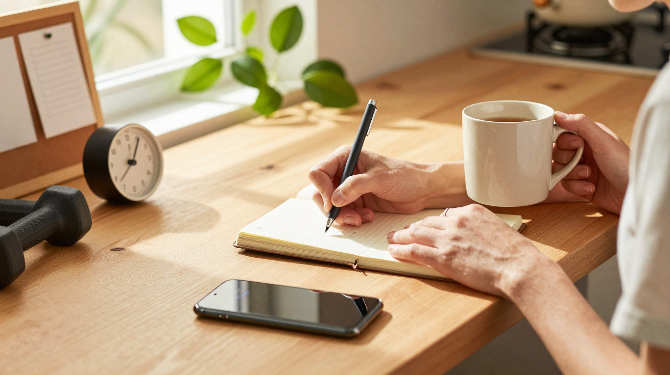 Pessoa a escrever num caderno com uma caneca na mão numa mesa com relógio, telemóvel, peso e planta.