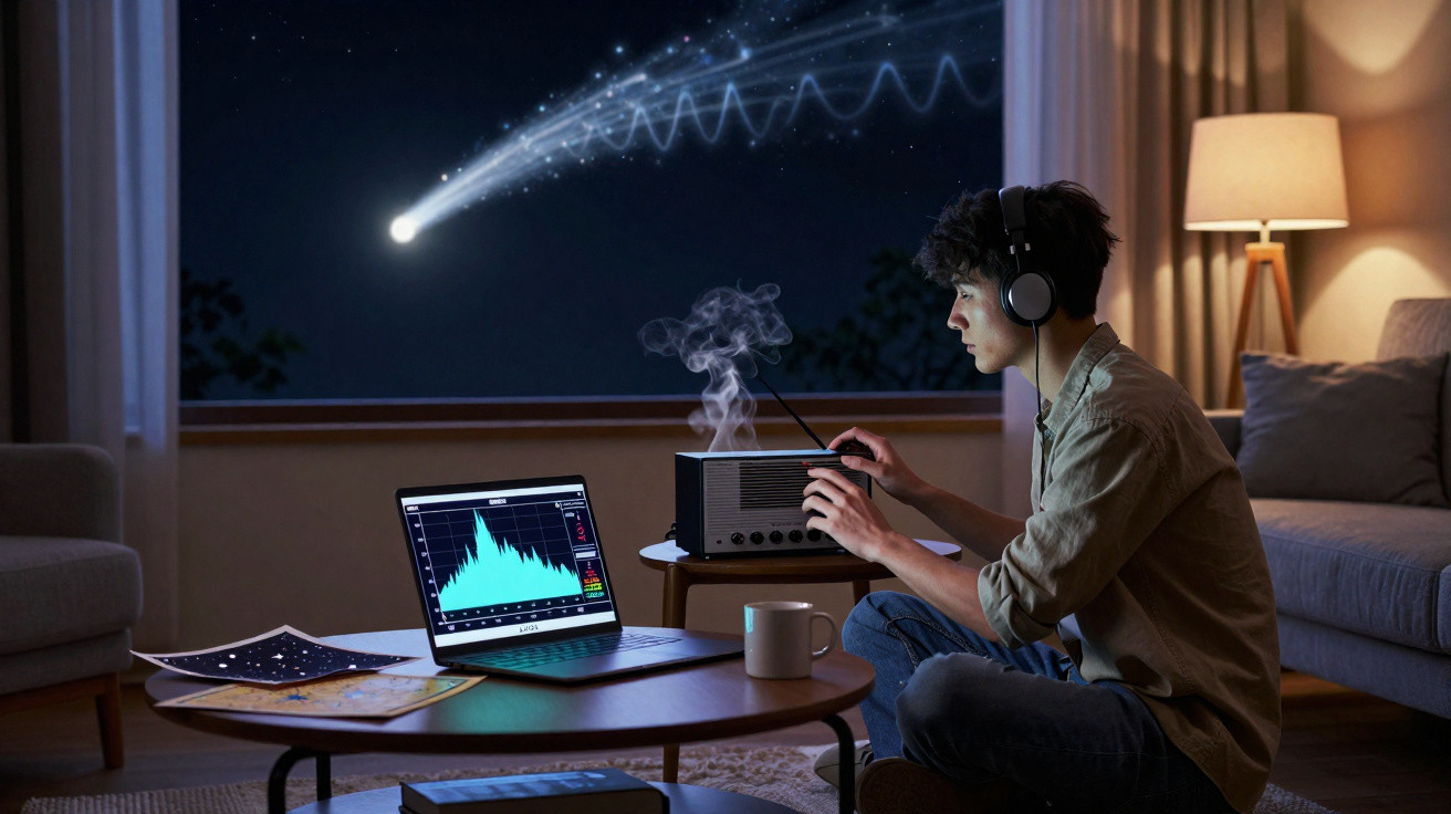 Jovem com headphones sintoniza rádio antiga enquanto observa gráfico num portátil à noite.