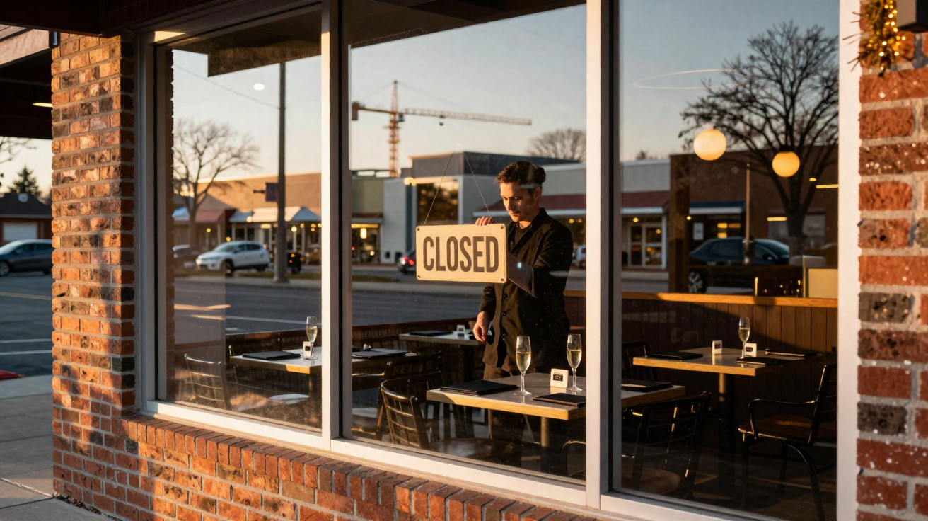 Homem a pendurar placa de "fechado" numa janela de um restaurante ao pôr do sol.