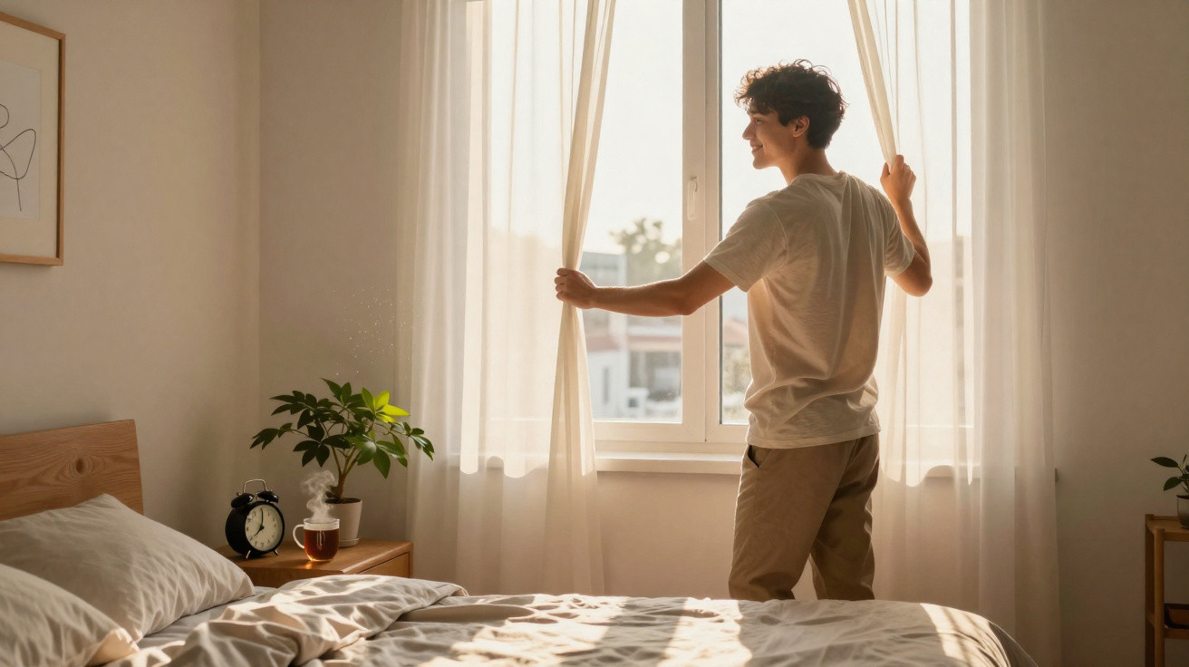 Jovem abre cortinas de um quarto iluminado pela luz natural da manhã.