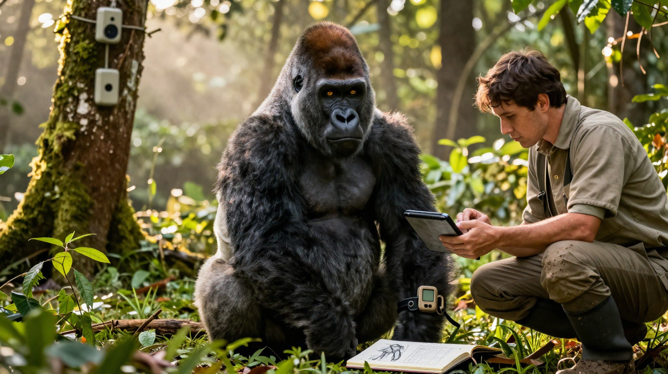 Homem e gorila observam tablet numa floresta, com cadernos e equipamentos ao redor, debaixo de árvores.