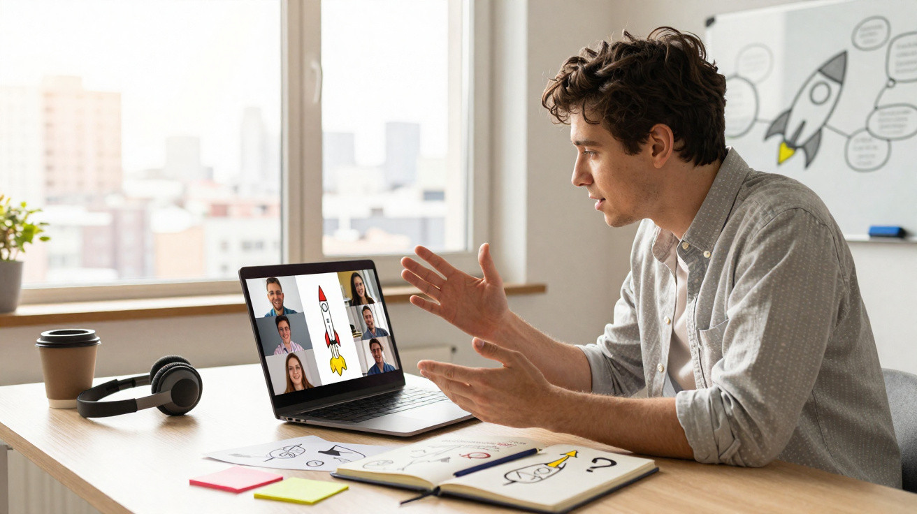 Homem numa videoconferência, à frente de laptop com desenho de foguetão, discutindo projeto criativo.