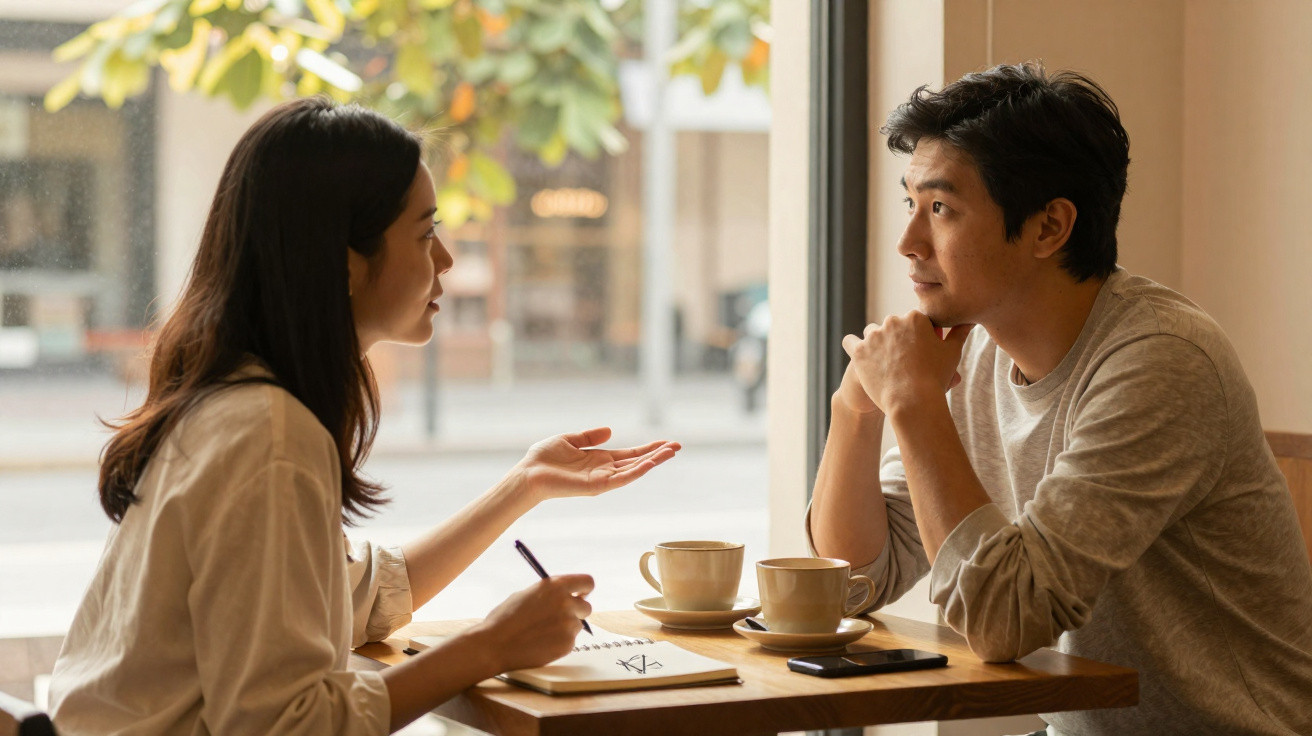 Casal asiático conversa numa esplanada, com cadernos e cafés numa mesa junto à janela.