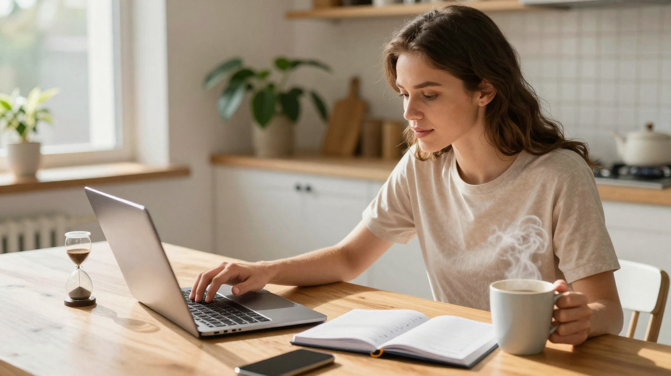 Jovem mulher a trabalhar num portátil, com caderno aberto e a beber café numa cozinha luminosa.