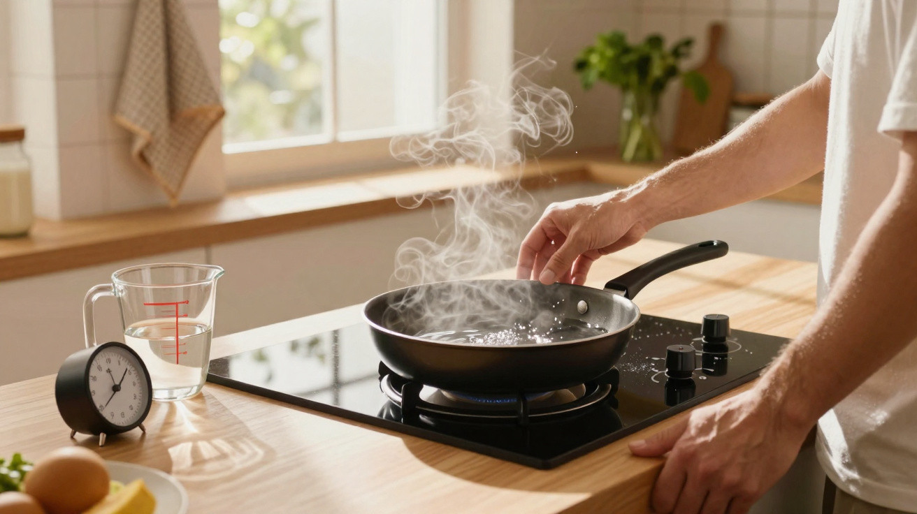 Pessoa a adicionar sal numa frigideira com água a ferver numa cozinha moderna iluminada por janela.