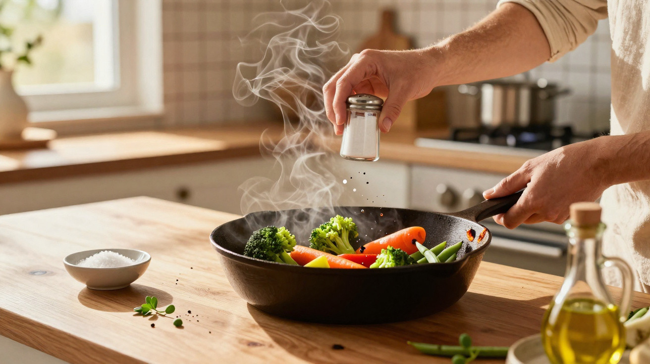 Pessoa a temperar legumes frescos numa frigideira quente numa cozinha luminosa e moderna.