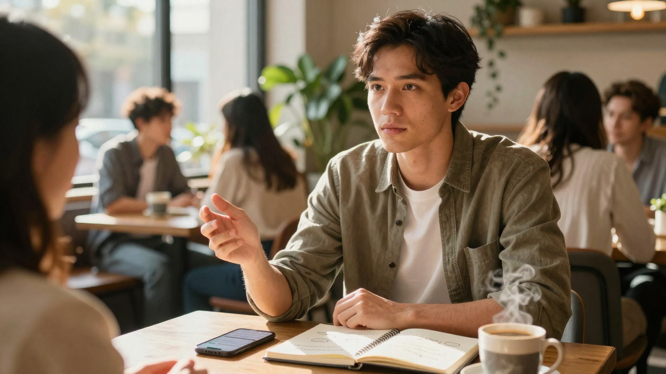 Homem com camisa verde conversa com mulher enquanto toma café e consulta caderno num café movimentado.