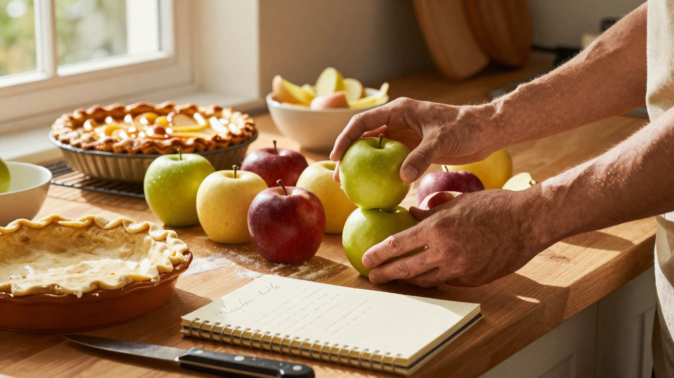 Mãos a empilhar maçãs verdes numa bancada com maçãs vermelhas, torteiras, faca e caderno de receitas.