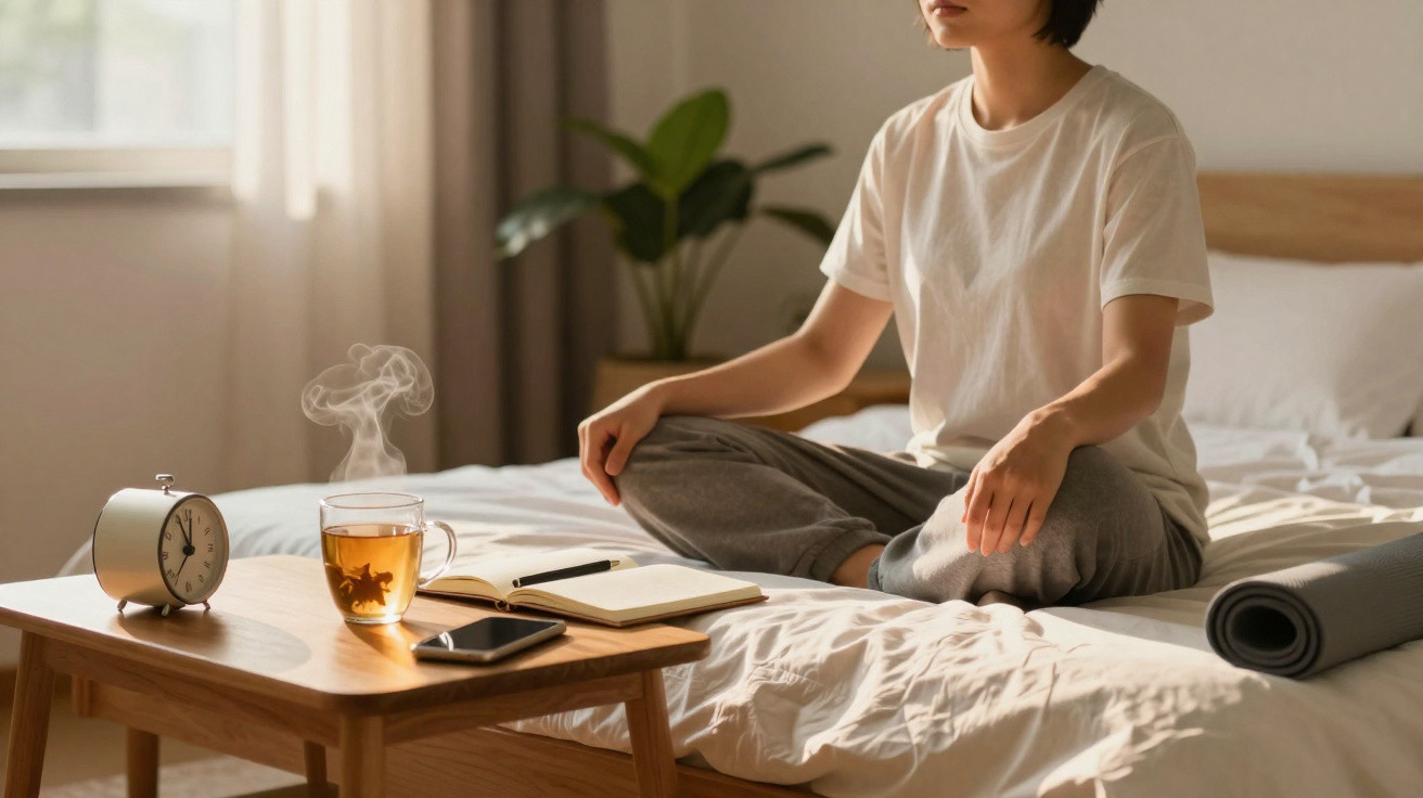 Pessoa sentada em posição de meditação numa cama com chá, relógio, telemóvel e caderno numa mesa ao lado.