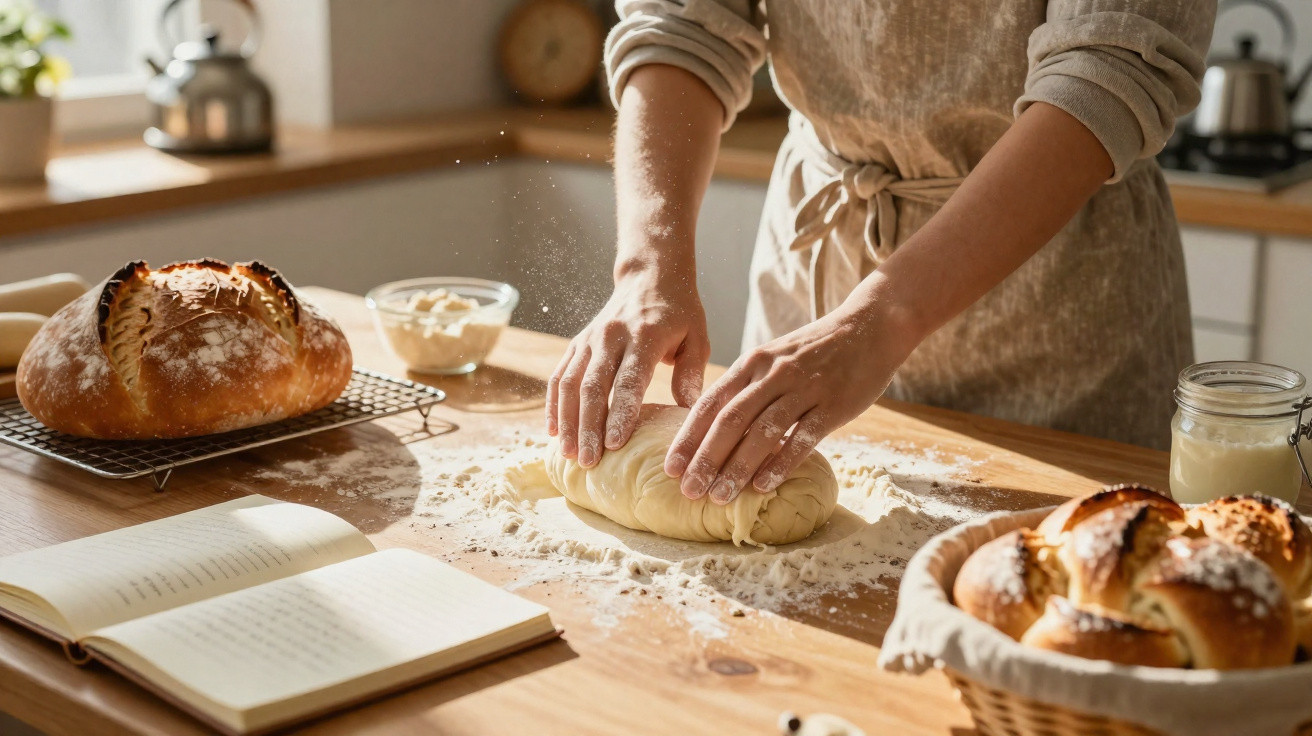 Pessoa a amassar massa de pão numa cozinha com pães caseiros e livro de receitas na mesa.