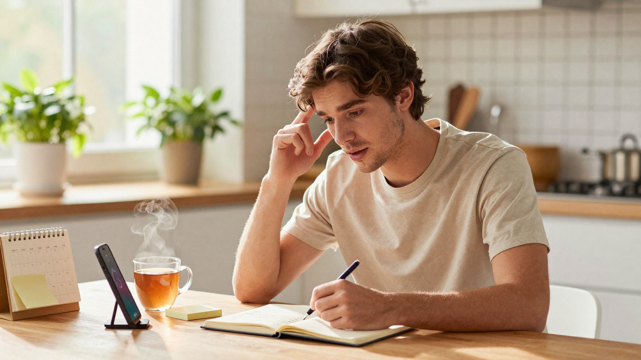 Jovem sentado a estudar em casa, a escrever num caderno e a ouvir algo no telemóvel.