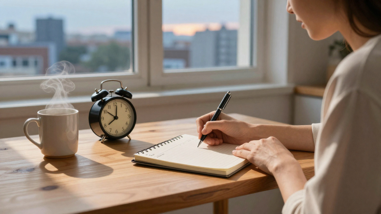 Pessoa a escrever num caderno com caneta, perto de um relógio preto e uma chávena com bebida quente numa mesa junto à janela.