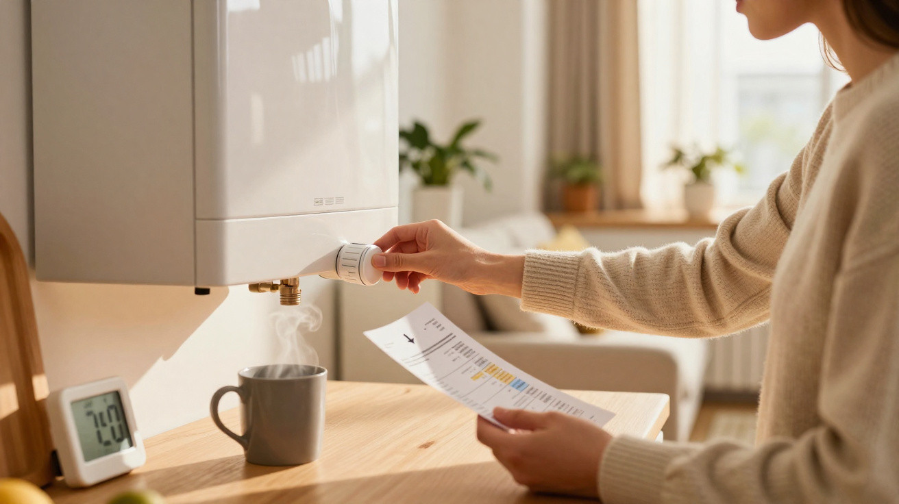 Pessoa a ajustar termóstato do aquecedor com chá quente sobre a mesa e conta de energia na mão.