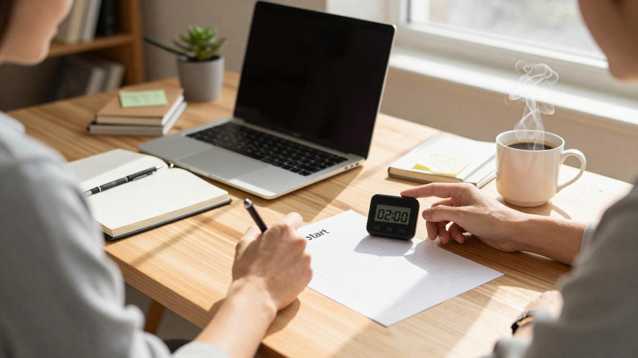 Duas pessoas a trabalhar numa secretária com computador, caderno, cronómetro e uma chávena de café quente.