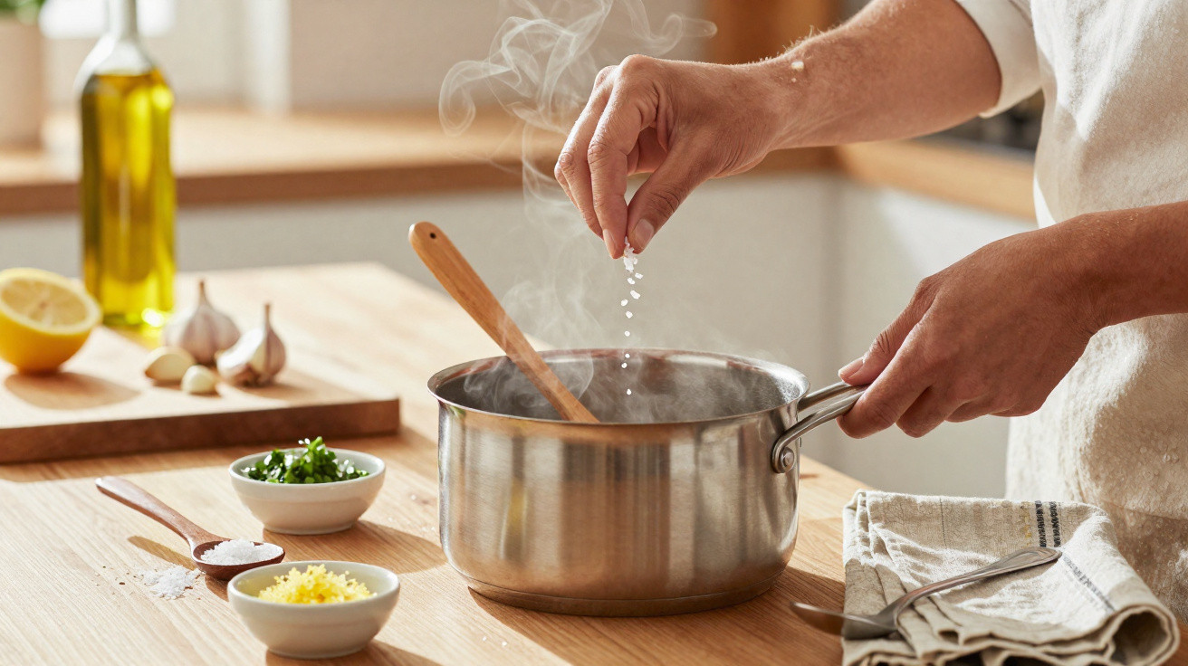 Pessoa a temperar com sal uma panela de inox com vapor, numa cozinha iluminada e organizada.