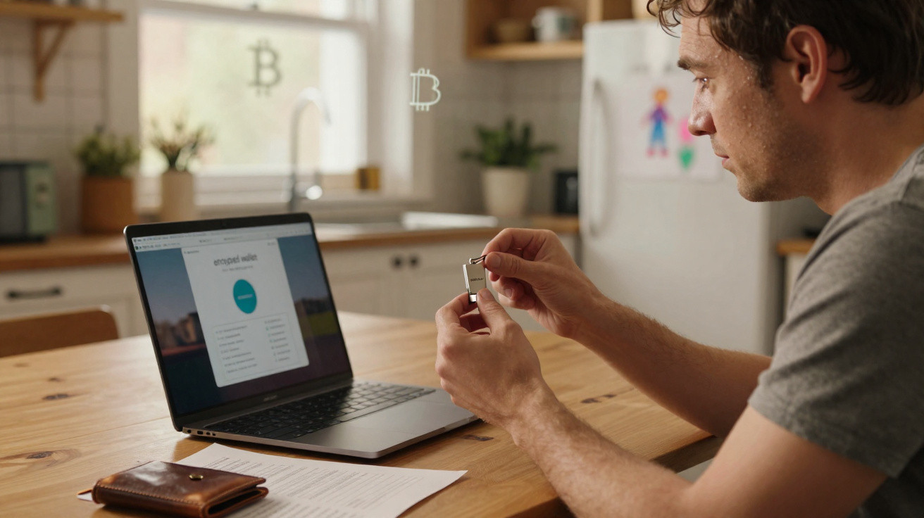 Homem sentado à mesa a configurar uma pen USB para carteira de Bitcoin num computador portátil.