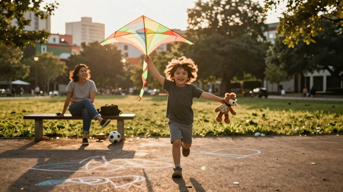 Criança sorridente a correr com papagaio colorido e brinquedo na mão, mãe sentada num banco num parque urbano.