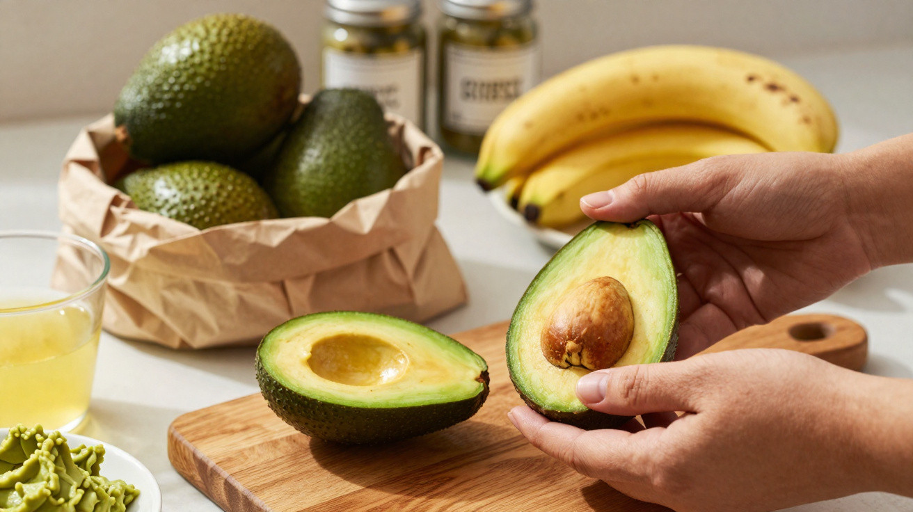 Mãos a segurar metade de um abacate, com outras metades, bananas e sumo num fundo claro.