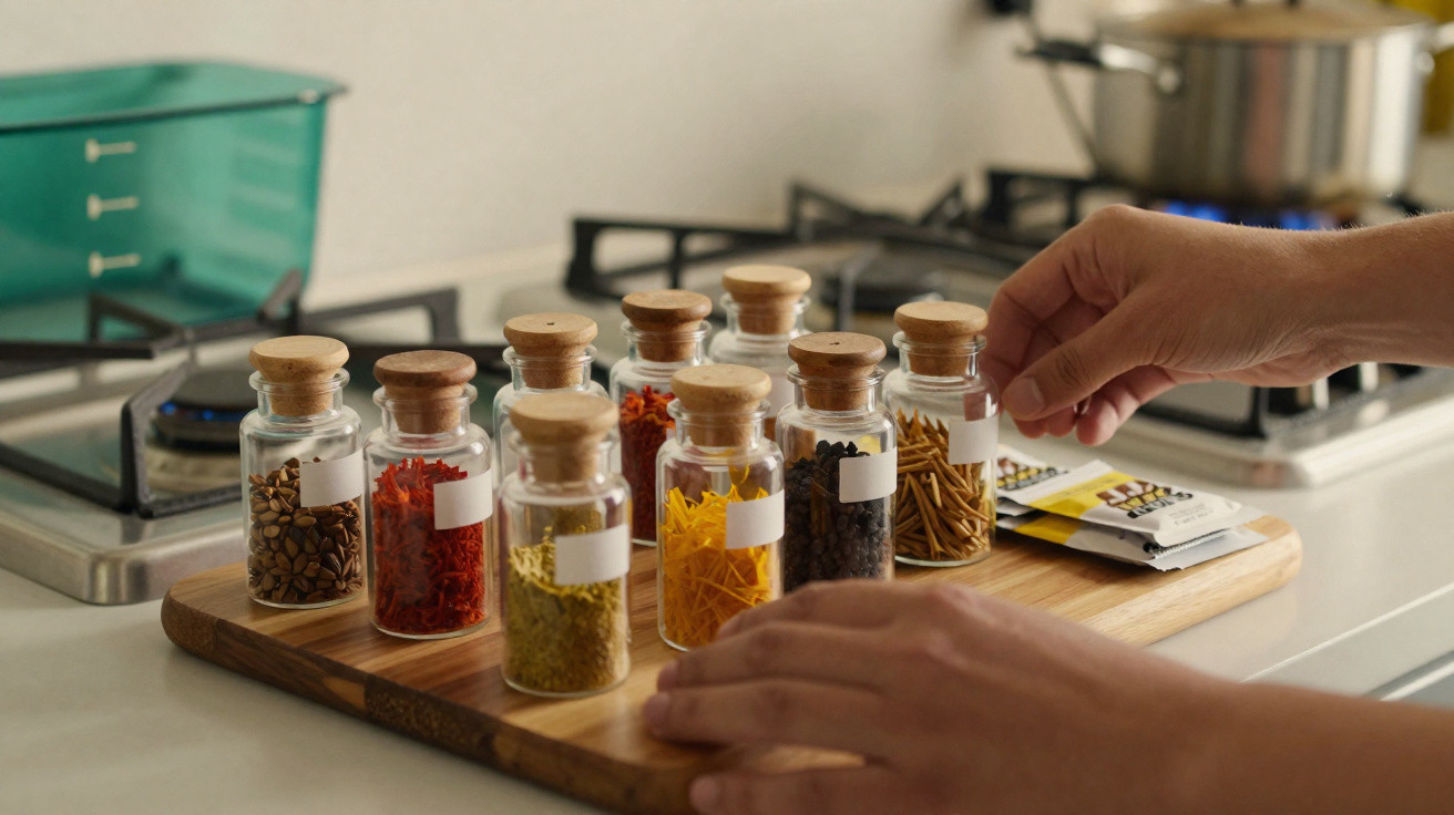 Frascos de vidro com especiarias e ervas aromáticas alinhados numa tábua de madeira numa cozinha moderna.