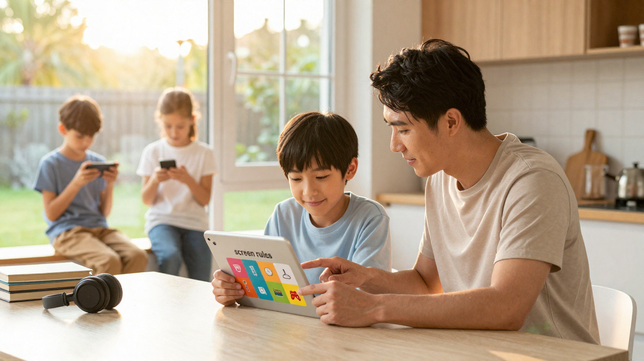 Pai e filho a usar tablet juntos na mesa com duas crianças ao fundo a usar telemóveis no jardim.