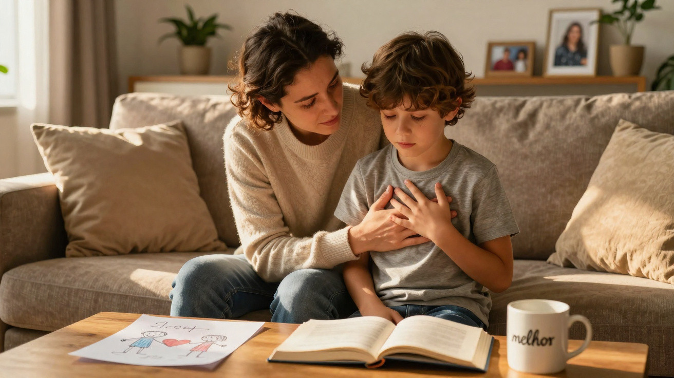 Mulher consola menino sentado no sofá com livro aberto e desenho na mesa à frente.