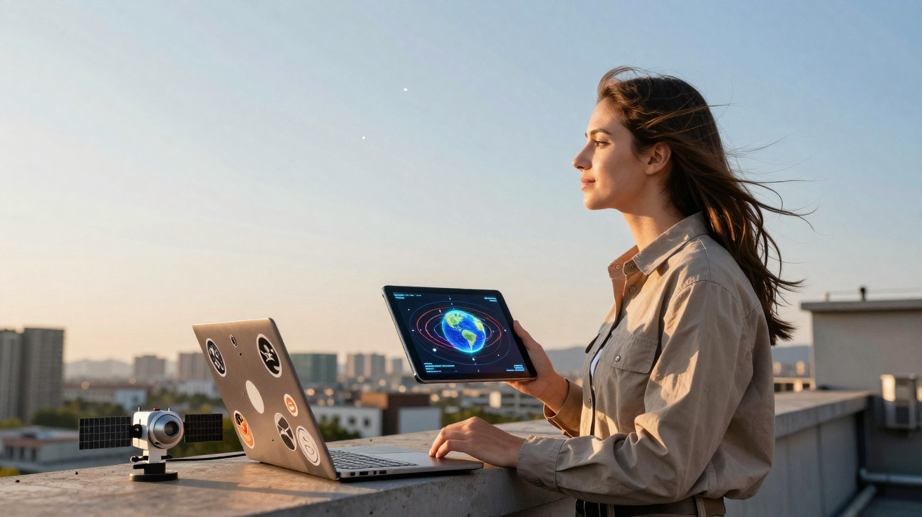 Mulher com tablet mostrando mapa do mundo, trabalhando no terraço com laptop e mini satélite ao pôr do sol.