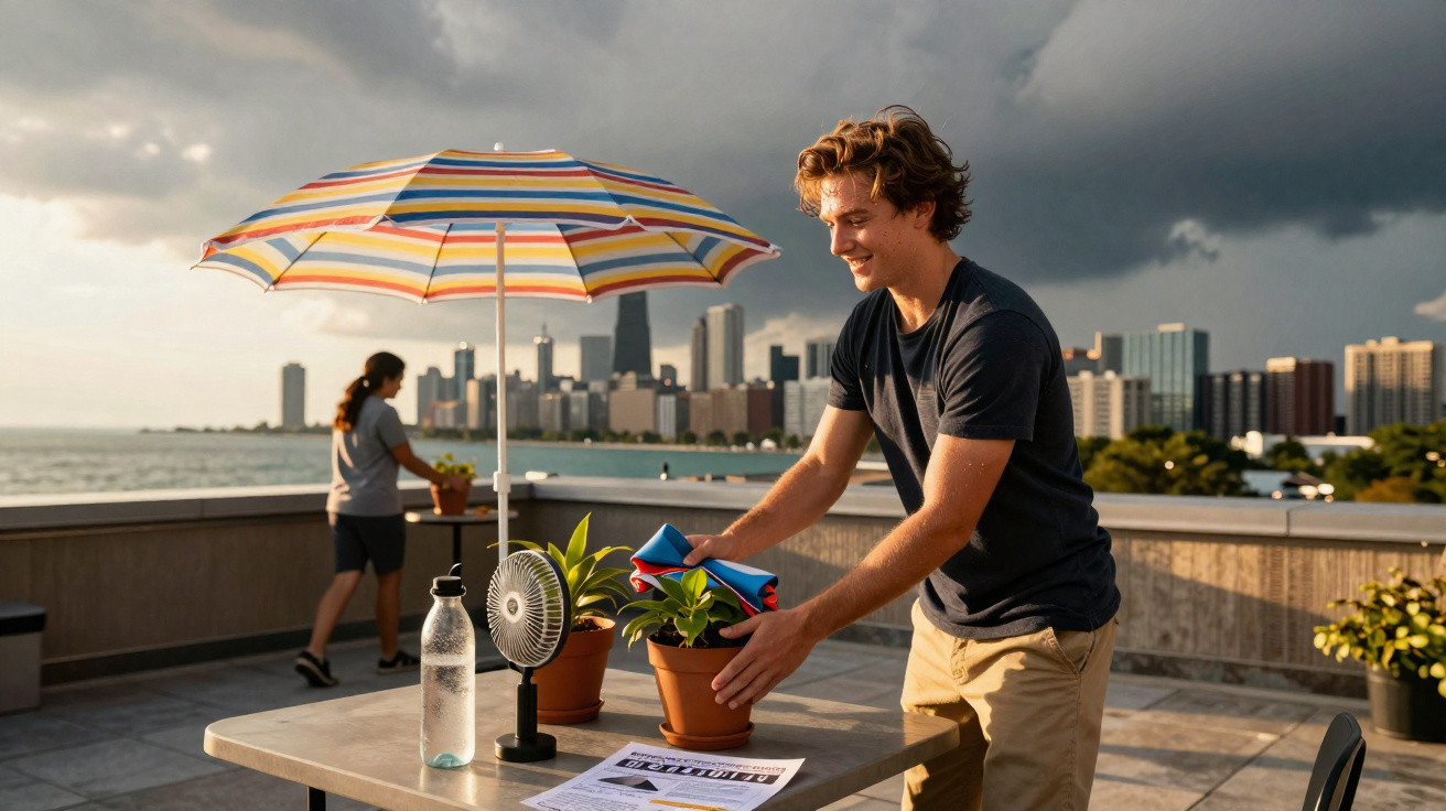 Jovem a arrumar plantas numa mesa ao ar livre com vista para uma cidade junto ao mar, sob um guarda-sol colorido.