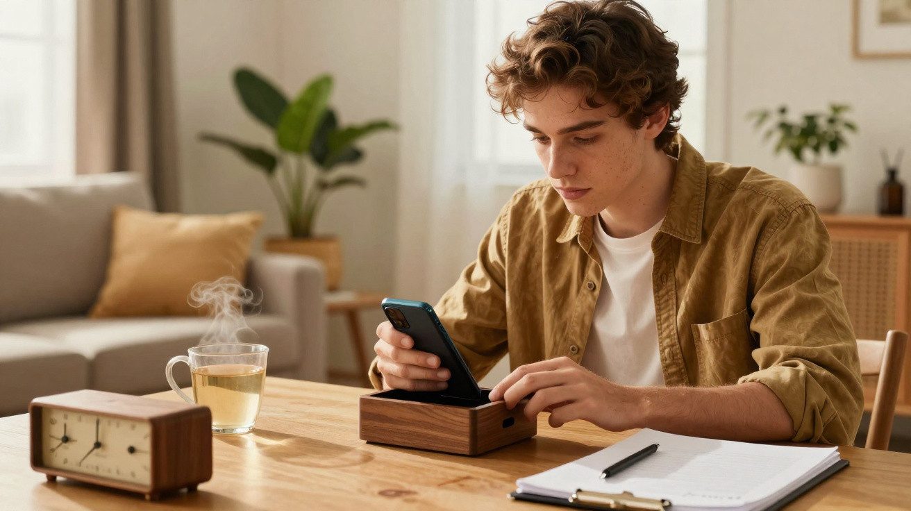 Jovem sentado à mesa, segurando telemóvel sobre estação de carregamento em madeira, com chá quente e caderno.