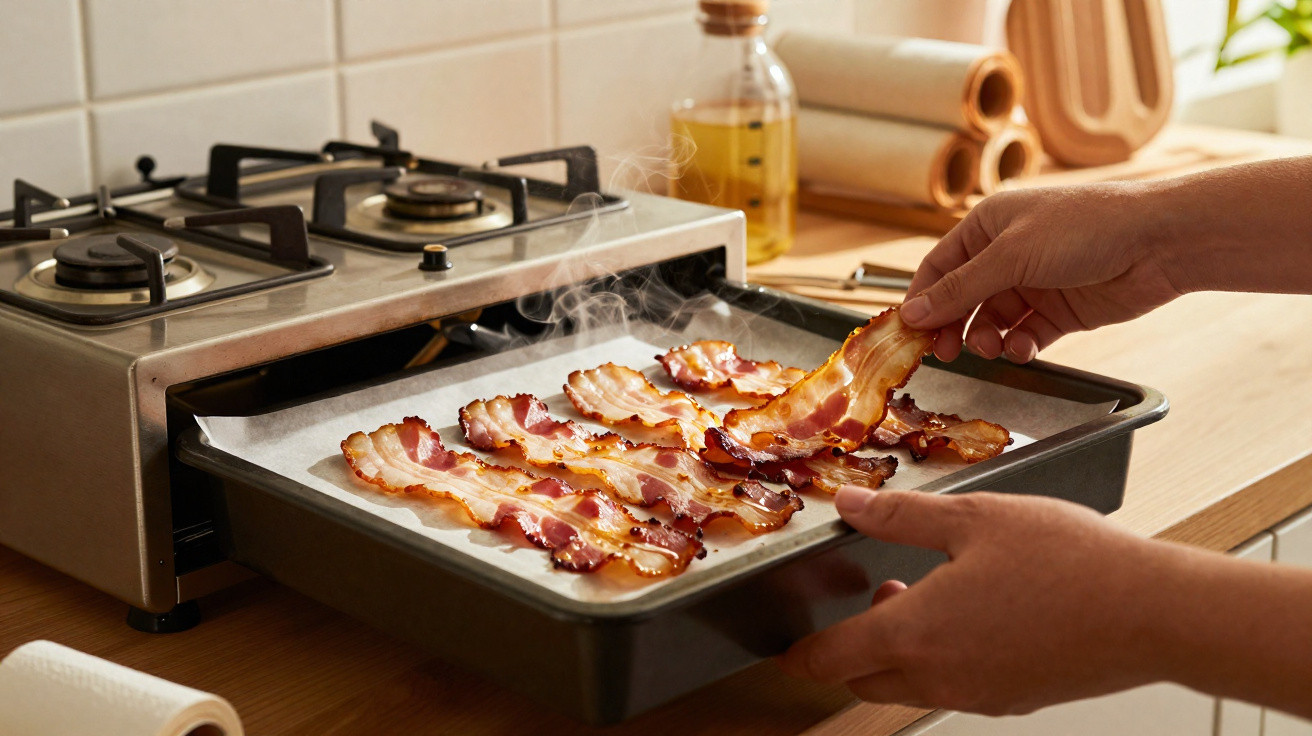 Pessoa a retirar tiras de bacon recém-cozinhado num tabuleiro do forno numa cozinha.
